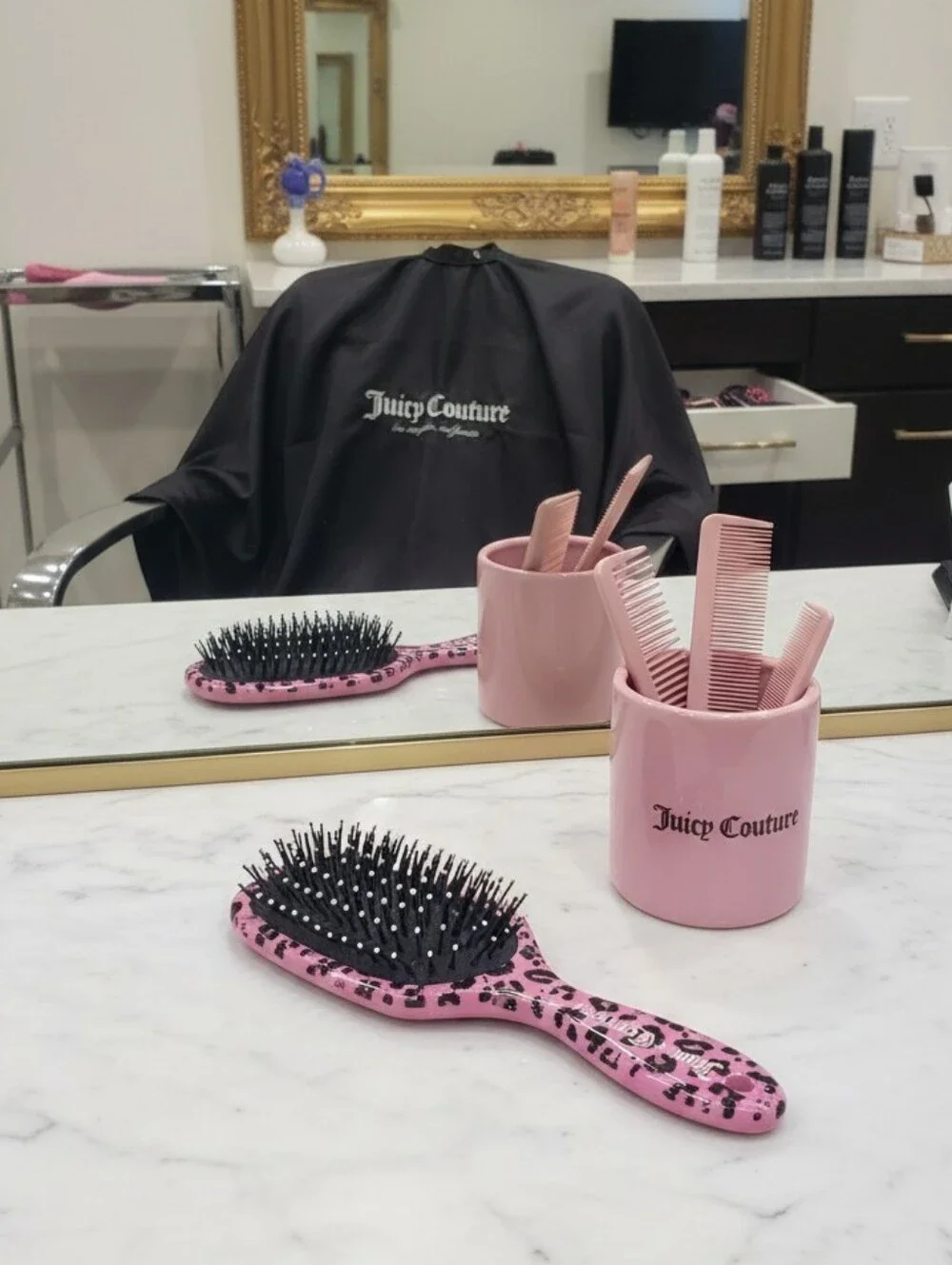 Juicy Couture Pink Leopard Detangle & Style Hair Brush - Black Bristles